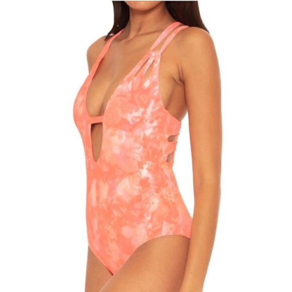 BECCA Crystal Skylar plunge one piece swimsuit Orange pink white tie dye - Picture 2 of 6